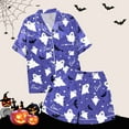 thumbnail image 3 of Hpapadks Halloween Women Pajama Sets Satin Silk Pumpkin Graphic Short Sleeve Sleepwear 2 Piece Button Down Top and Shorts Women Pjs Purple, 3 of 7