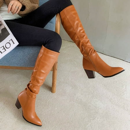 

YOTAMI Womens Boots Autumn and Winter Warm Boots Pointed Toe Thick High Heels and Thin Knee-high High-top Boots Trendy Brown 6