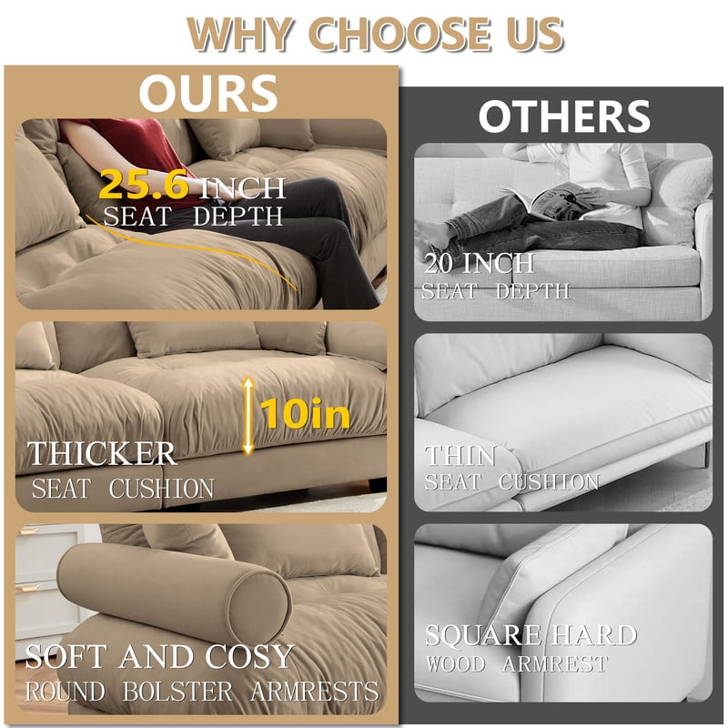 166" Modular Sectional Sofa, 4-Seater Velvet Couch, Deep Seat Cloud Sofa with Bolster Armrests & Pillows, Modern Upholstered Sofa for Living Room, Apartment, Camel