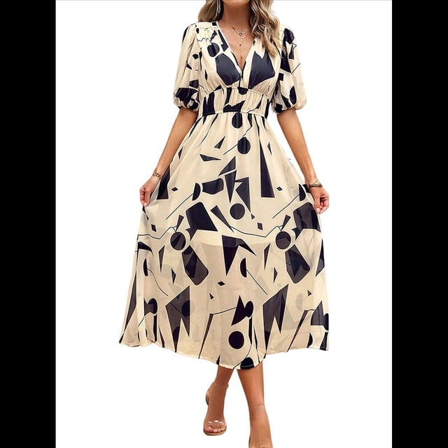Vestidos de Verano para Mujer 2025, Informales, con Mangas Abullonadas, Cuello en V, Florales, Estilo Bohemio, Vestido . Albaricoque S