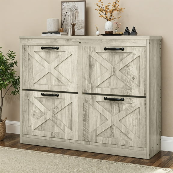 Uforic Shoe Cabinet with 4 Flip Drawers, Farmhouse Narrow Shoe Rack Organizer with Metal Legs, Gray