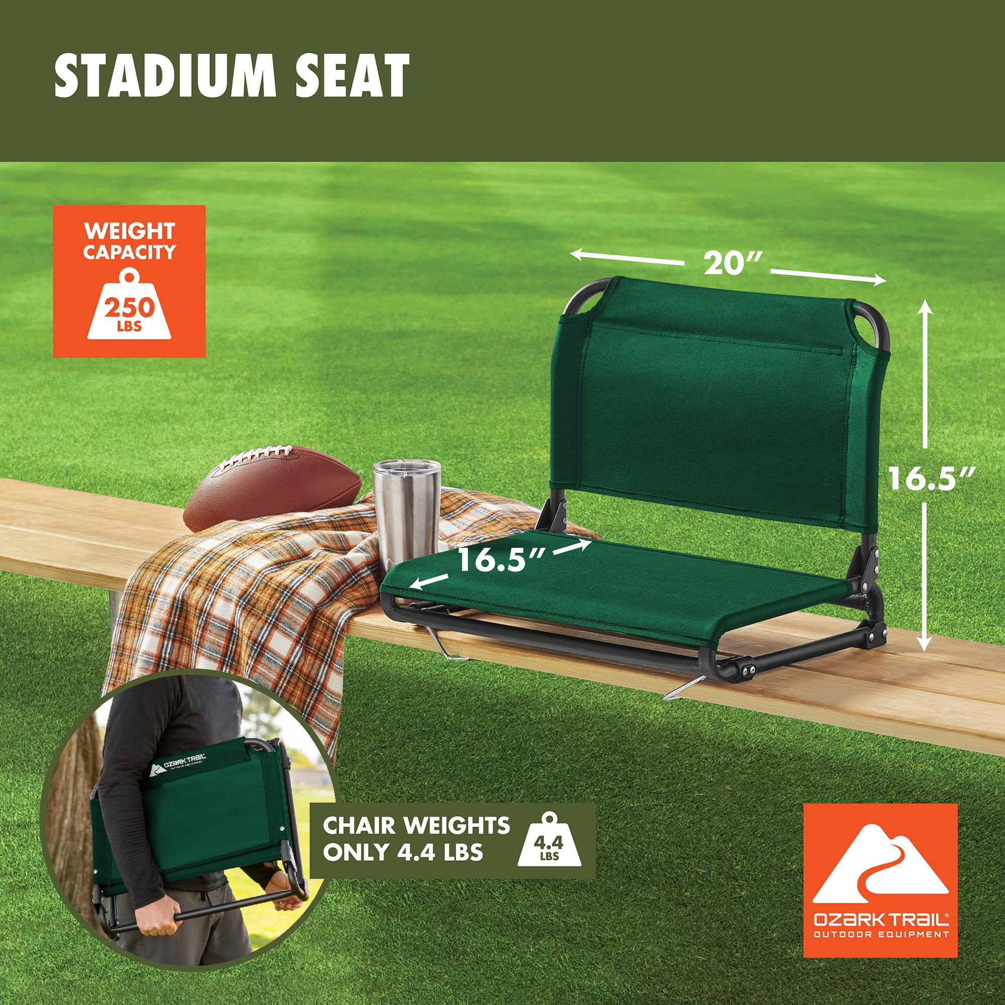Ozark Trail Stadium Seat, Extra-Wide with Bleacher Hooks, Bungee Comfort, Dark Green