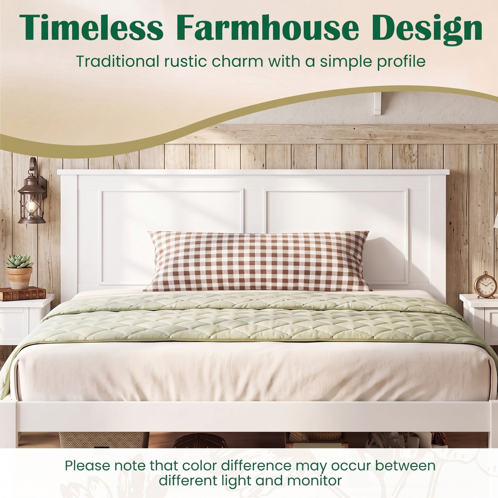 Furnibear Twin Bed Frame, Farmhouse Wood Platform Bed Frame with Paneled Headboard, Twin Bed Frame with Under Bed Storage for Bedroom, White