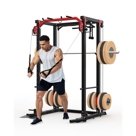 Towallmark Power Rack Cage, 2000LBS Squat Rack with Cable Crossover System, LAT Pull Down Machine for Home Gym, Red & Black