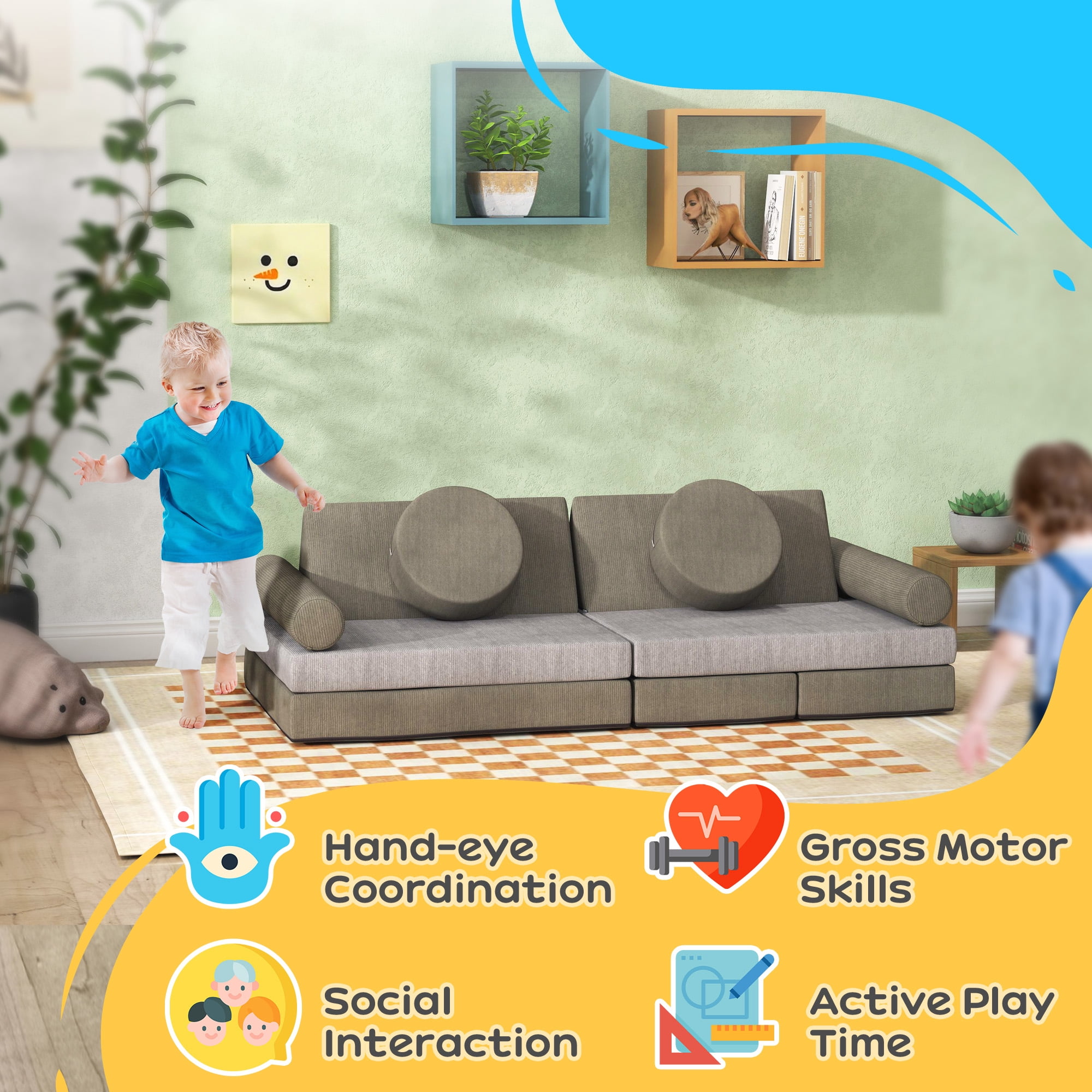 Soft Play Mat Qaba Modular Kids Play Couch, 12 Piece Kids Couch for Playroom Bedroom, Convertible Sofa Lounger for Boys & Girls, Khaki,Toddler Play Mat