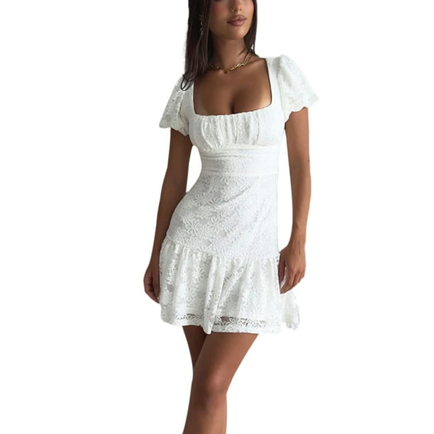 White Graduation Dress for Women Sweet Cute Square Neck Lace Patchwork A Line Flare Flowy Short