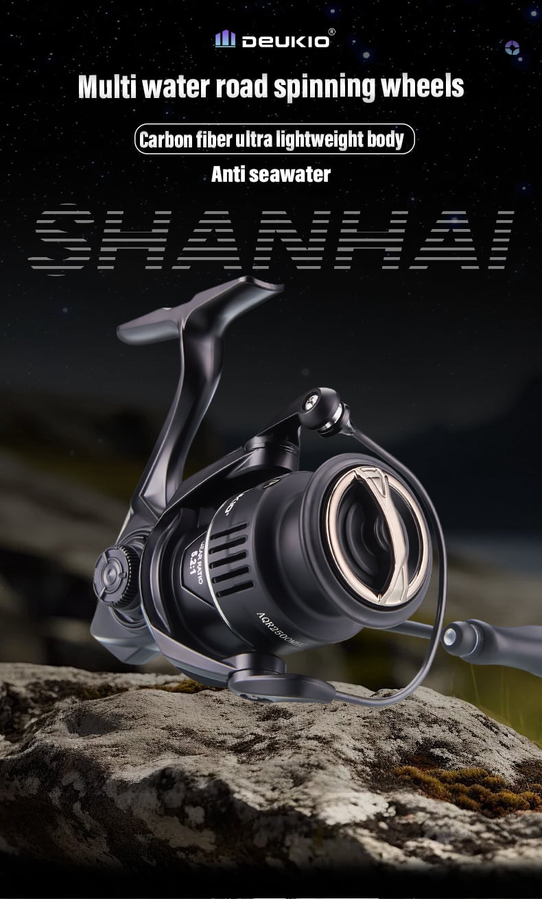 DEUKIO Black Lightweight Spinning Fishing Reel Screw in Handle 6+1BB 8kg Drag Power Carbon Fiber Body Anti Seawater Fishing Coil