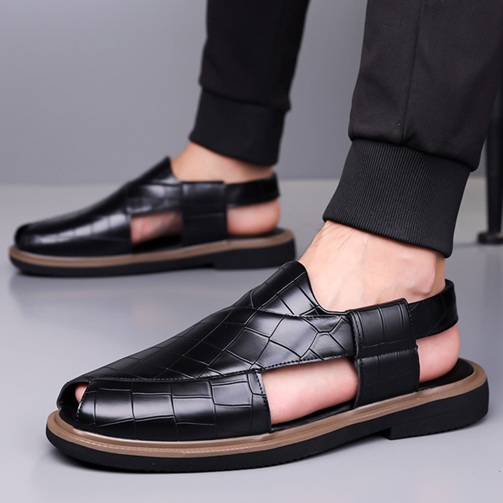 EKVAHL Fisherman Sandals for Men, Crocodile Embossed Slingback, Split-Toe Leather Sandals, Business Banquet Driving Vacation Shoes Black
