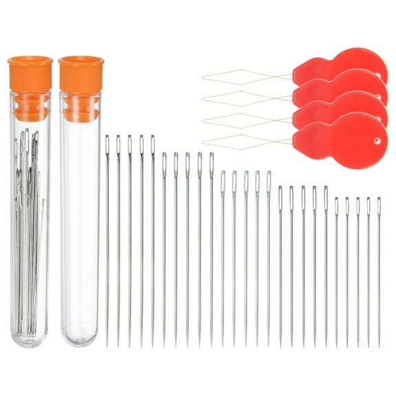 Uxcell 50Pcs Large Eye Stitching Needles 5 Sizes Easy to Thread Pointed with 2 Needle Threaders for Hand Sewing