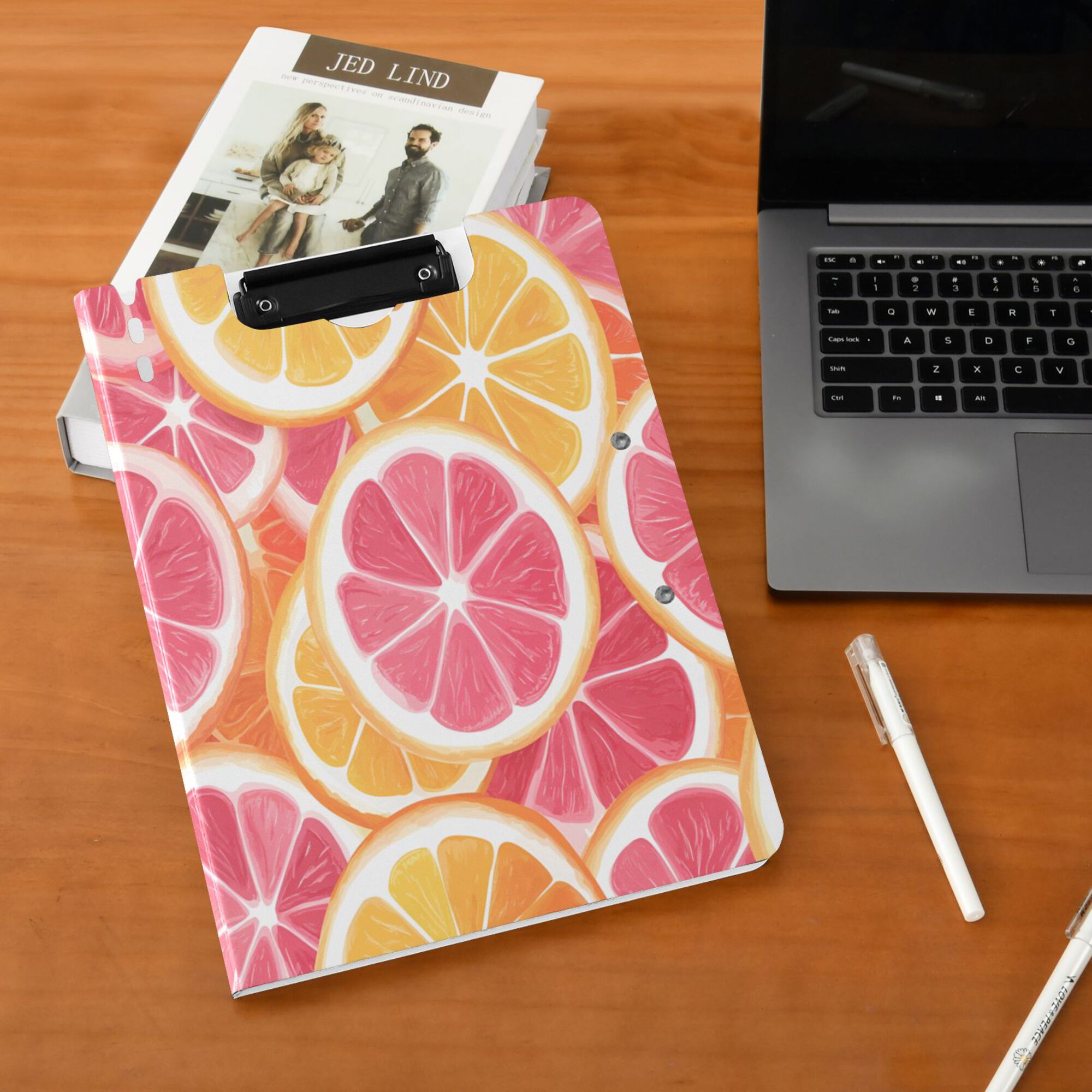 FORMRS A4 Clipboard Folder with Pen Holder Horizontal Foldable School Office Binder, Pink Grapefruit Slices