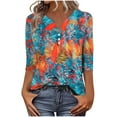 thumbnail image 2 of JTZGDY Henley Shirts for Women Vintage Floral Printed Half Button V Neck Summer 3/4 Lenght Sleeve Graphic Tunic Tees Blouse Loose Flowy Tshirt Tops Green#02 XXXL, 2 of 7