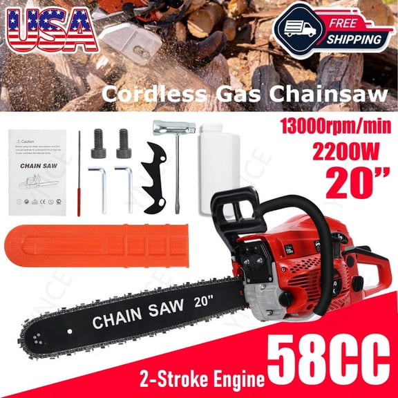 YNCE 20Inch Gas Chainsaw, 2-Stroke 58CC Gasoline Powered Chainsaw Cutting Wood Gas Sawing Chain Saw, 3HP Cordless Manual Starting for Forest Wood Garden and Farm Cutting Use