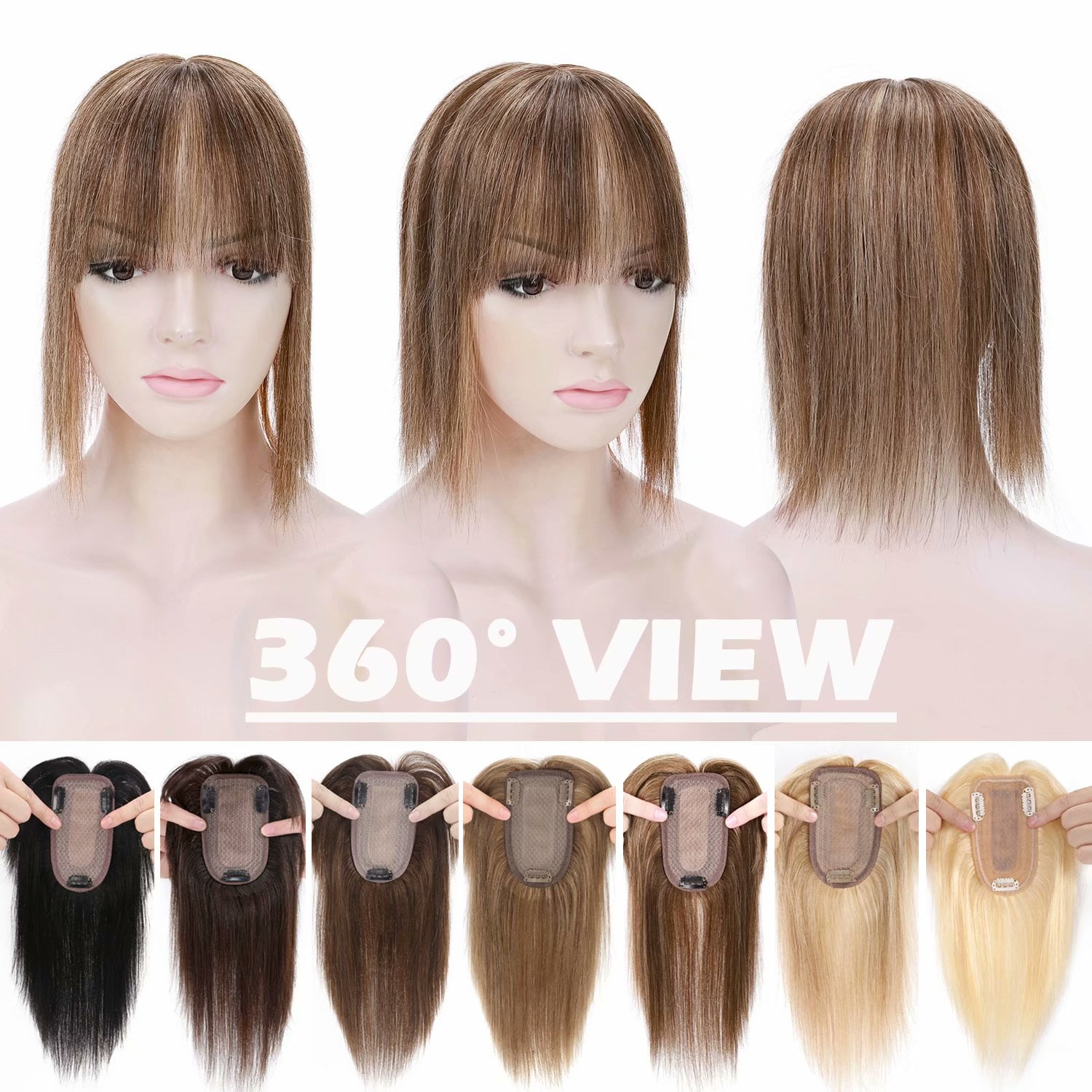 Benehair 100% Real Remy Human Hair Extensions Clip In Hairpiece Topper with Bang Toupee Women Hair Loss Silk Base Highlight Blonde Hair