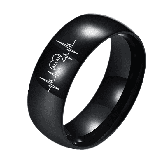 Stainless Steel Black Plating Man Allah Heartbeat Ring for Islamic Muslim Faith Plain Band Islam Jewelry for Men Women, Size 12