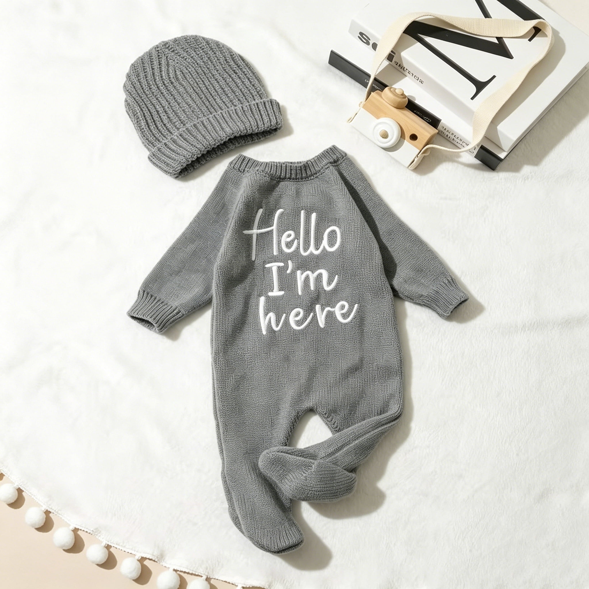 "Hello" Embroidery Knitting Onesie Newborn Birth Announcement Outfits Footed Jumpsuit Baby Boy Girl Photography Props Newborn