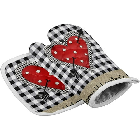 

Love Red Heart Anti-Skid Oven Mitts Premium Insulation Ideal Oven Gloves for Cooking Baking Grilling Hot Pads Potholders for Handling Hot Kitchenware Black-White Plaid Rustic Texture