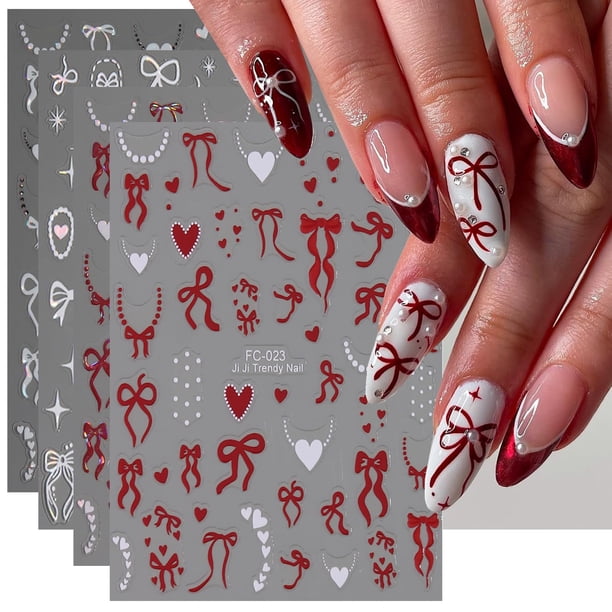 Pegatinas para uñas BSBTBZ, 4 hojas, calcomanías 3D de lazos y corazones