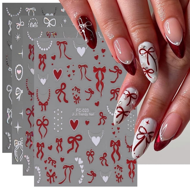 Pegatinas para uñas BSBTBZ, 4 hojas, calcomanías 3D de lazos y corazones