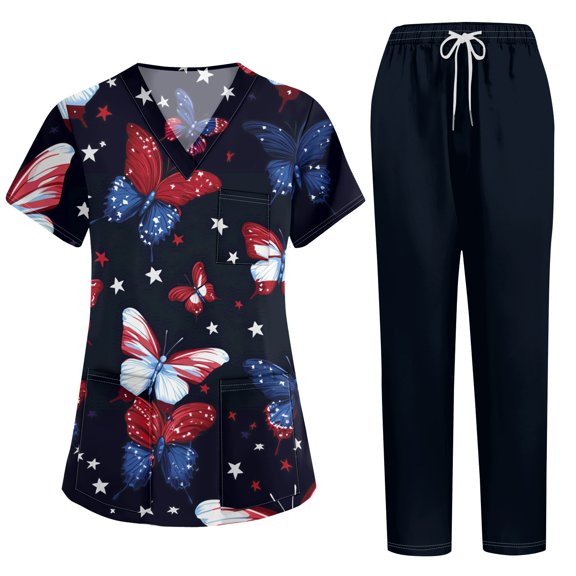 Womens 4th of July V-Neck Scrub Set, 250th Anniversary USA 2-Piece Short Sleeve Top & Pants Medical Uniform with Multi Pockets, Stylish Workwear for Nurses & Caregivers 01-Navy XL