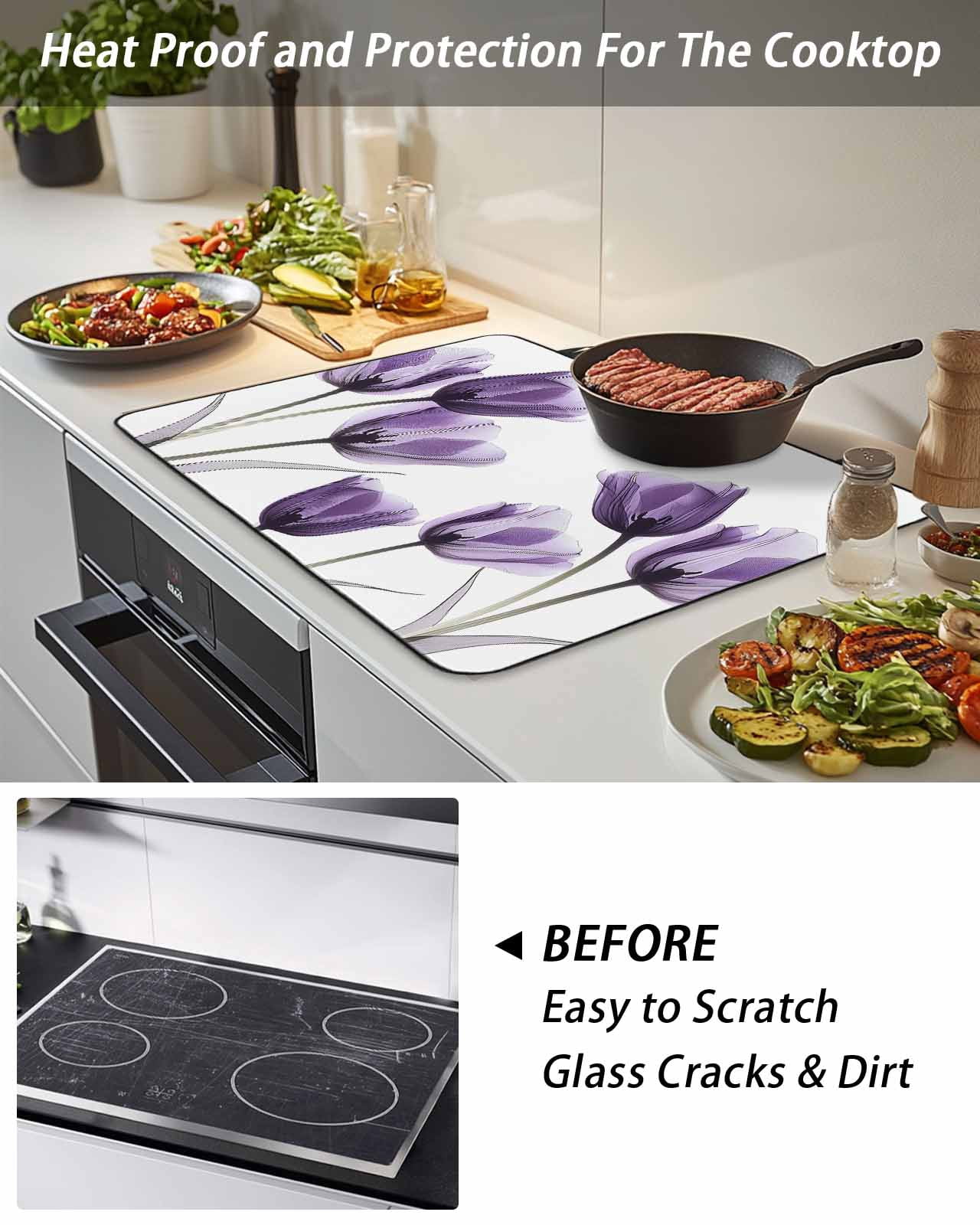 Stove Top Covers for Electric Stove, Purple Tulip Floral Glass Stovetop Cover Protector, Pastel Country White Wildflower Induction Cooktop Protector Oven Mat for Kitchen Countertop 24"x21"