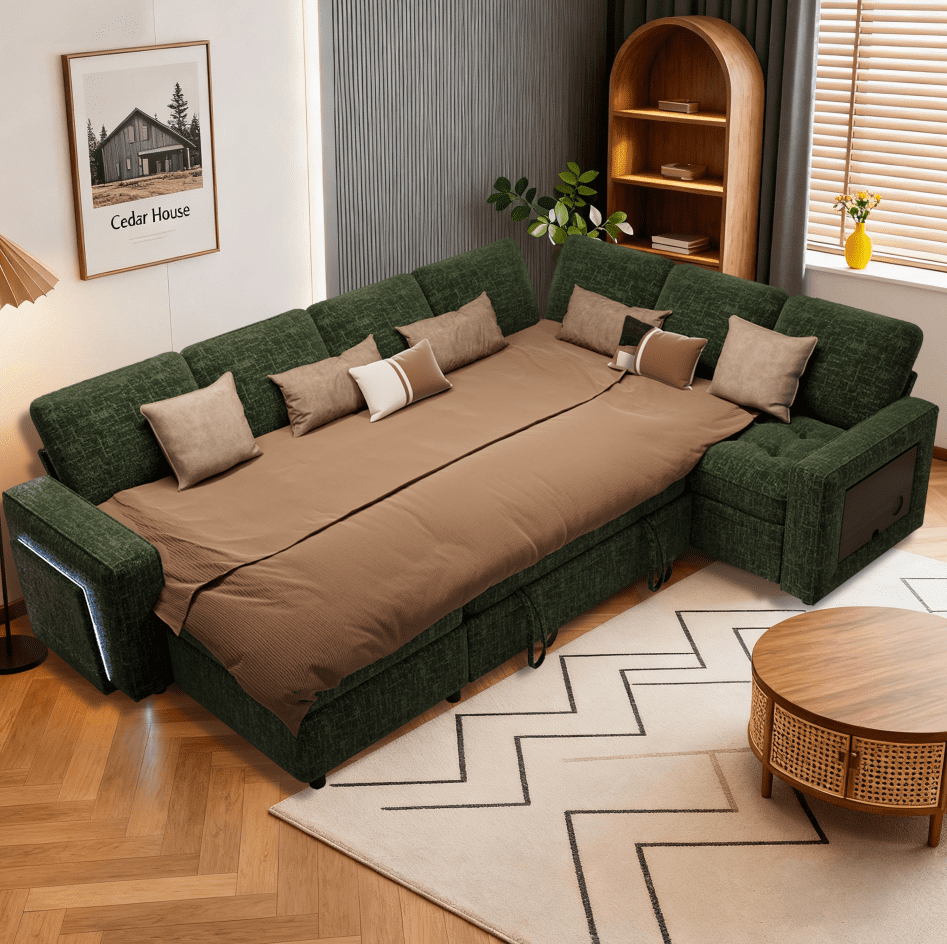 7-Seat Modular Sectional Sofa with Pull-Out Bed, Reclining Backrest, USB Ports, Table, LED Lights & Storage Seats – Tool-Free Assembly, Comfortable Living Room Furniture Green