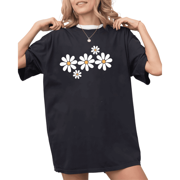 Black Daisies Print Tshirt S-5XL Graphic Tees Shirts Summer Floral Holiday Tops
