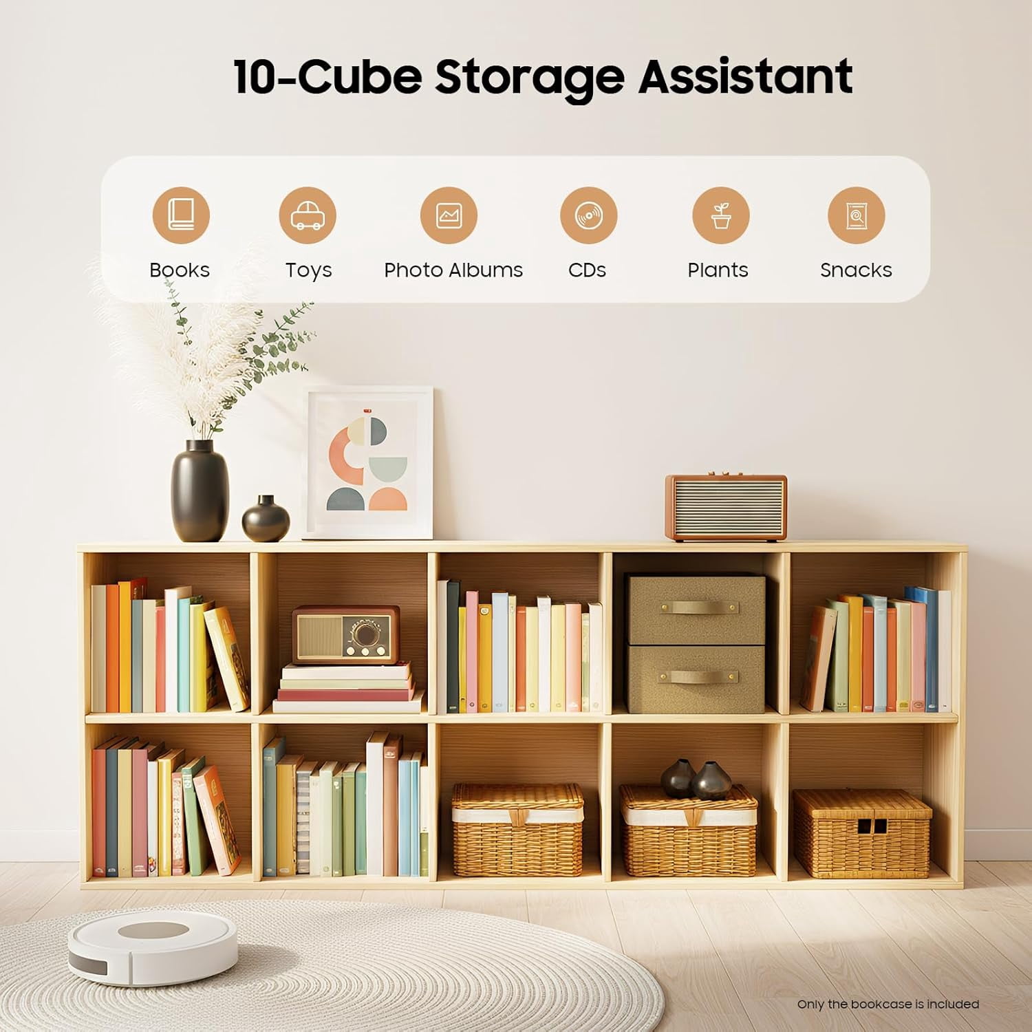 59 x 11.8 x 23.6 Inch 2-Tier Horizontal Solid Wood Bookcase, 10-Cube Storage Organizer for Living Room or Home Office