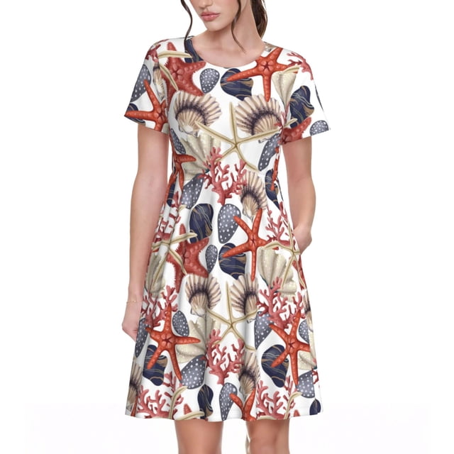 Disketp Starfish Shell para Vestido de Manga Corta para Mujeres, Vestidos de Verano para Mujeres, Casual y Holgado para la Playa