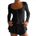thumbnail image 2 of Conjunto de Pijama para Mujer, de Larga, con Botones, Top y Pantalones Cortos con Volantes, Conjunto de 2 Piezas para Estar en Casa, Ropa de Dormir Y2k. Negro M, 2 of 8