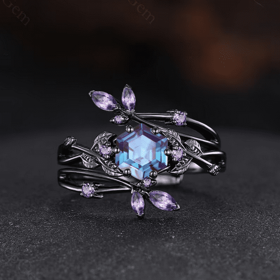 Hexagon Cut Alexandrite Ring in 14K Black Gold Vermeil- Alexandrite Engagement Ring For Women- Cluster Art Deco Bridal Ring- June Birthstone