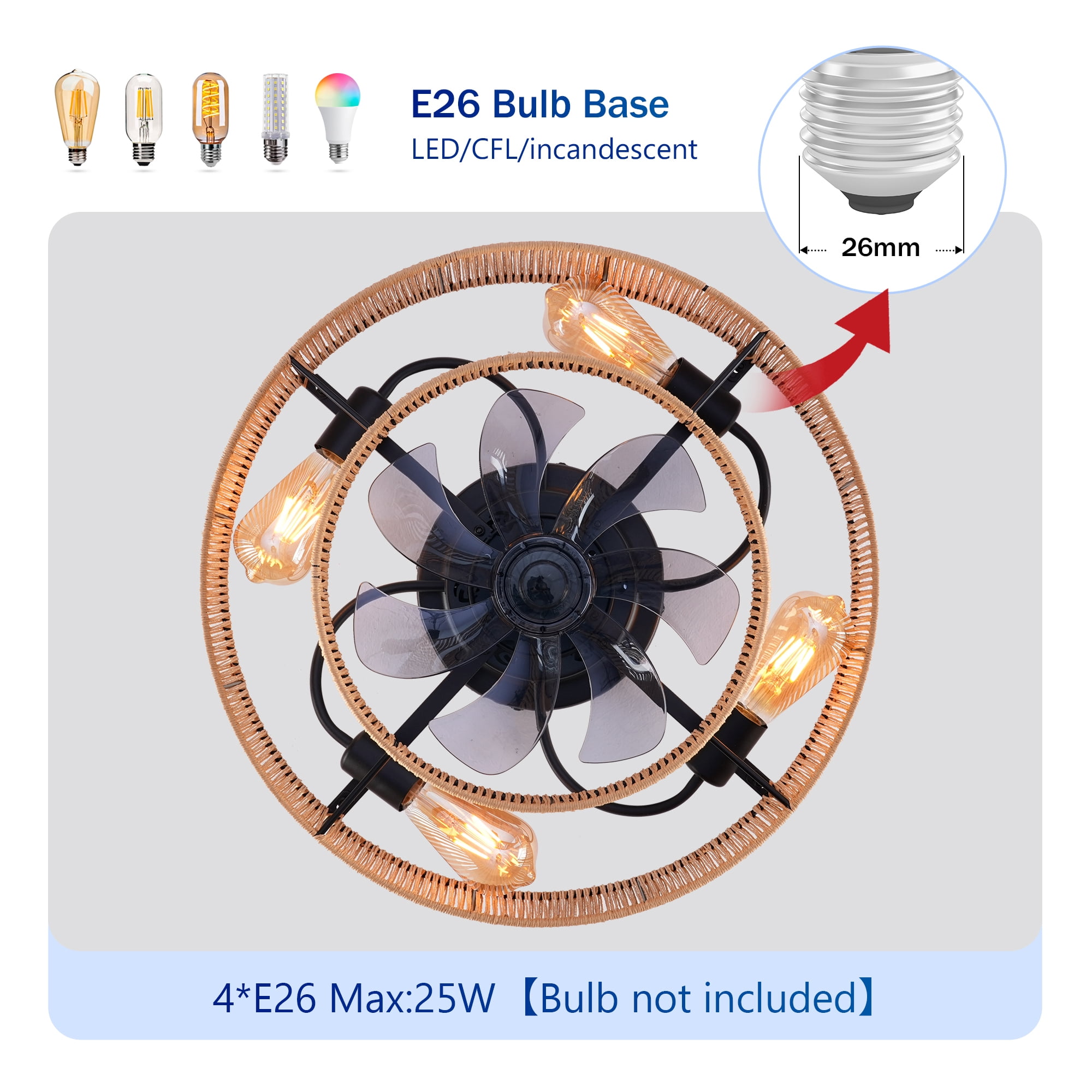 Leumius 20" Double Tier Rope Caged Ceiling Fan with Light and Remote Control, Low Profile Chandelier 6 Speed DC Motor Reversible Ceiling Fan for Living Room Bedroom (NOT Included Bulbs)