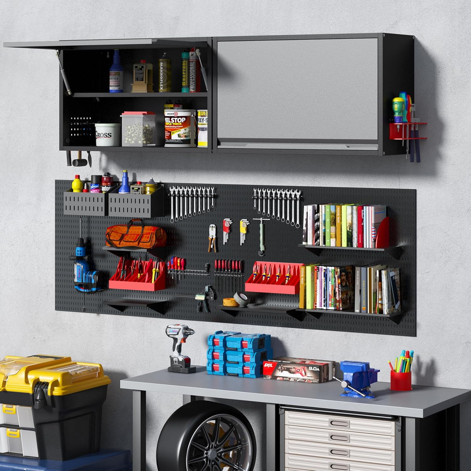 Kooyon Wall Mounted Metal Garage Cabinet with Adjustable Shelf & Doors, Floating Upper Storage Tool Cabinet for Garage Warehouse, Black Gray