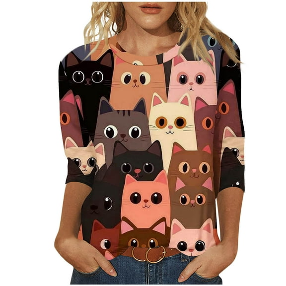 purcolt Womens Casual 3/4 Sleeve Tops Crew Neck T-Shirts Cute Cats Printed Graphic Tee Tops Going Out Tunic Tops