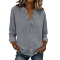 thumbnail image 2 of ClodeEU Women's Ruffle Collar Long Sleeve Linen Blend Shirt,Solid Color Casual Blouse Gray,Womens Plus S, 2 of 6