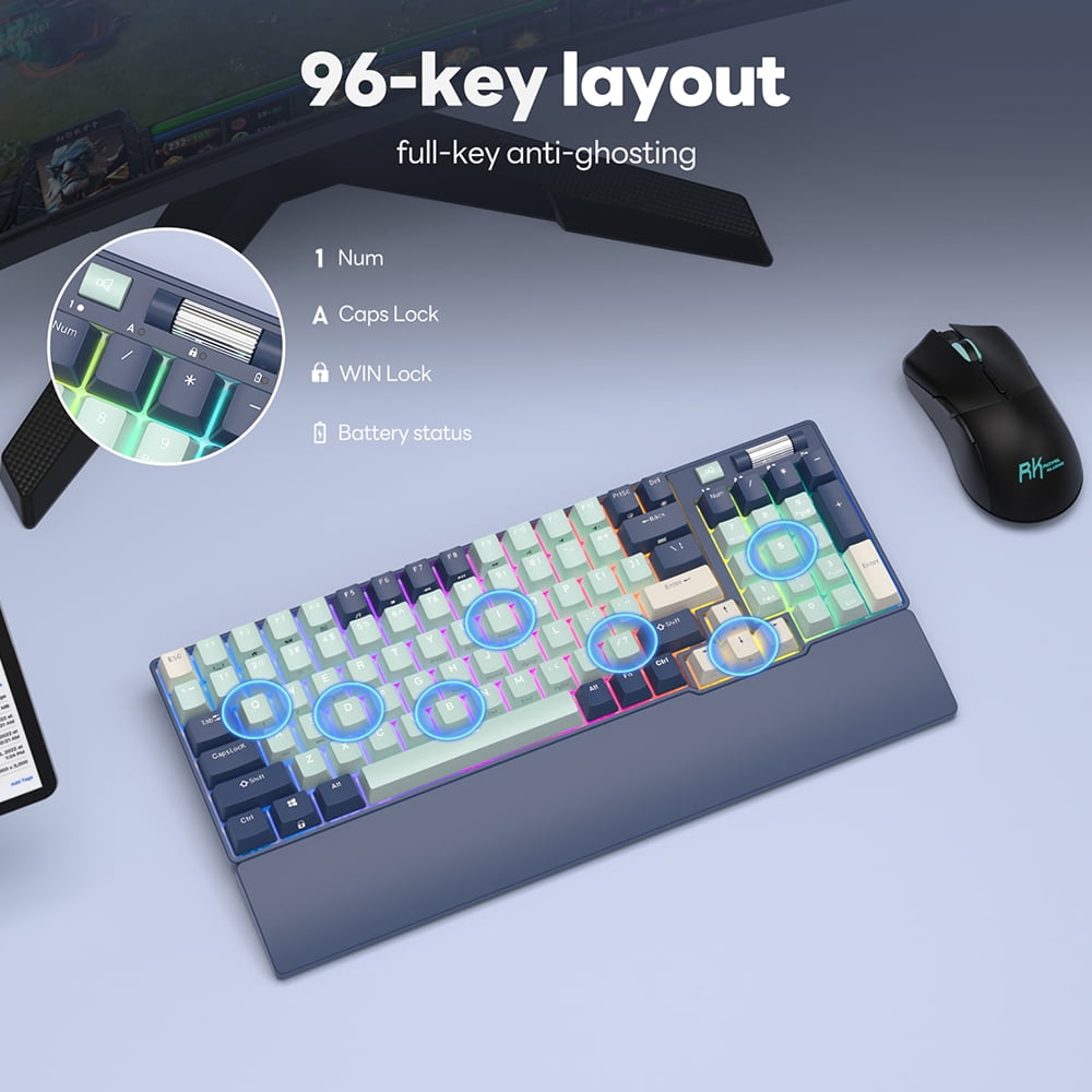 RK ROYAL KLUDGE RK96 RGB Limited Ed 90% 96 Keys Wireless Triple Mode BT5.0/2.4G/USB-C Hot Swappable Mechanical Keyboard with Wrist Rest Software Support & Massive Battery Blue Switch