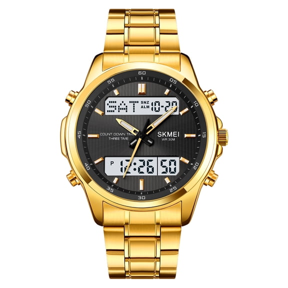 Men's 3 Time Zone Watch with Analog Digital Display - Stainless Steel Band, Multifunction Dress Sports Watch for Business and Casual
