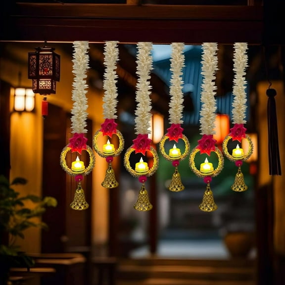Set of 4 Wall Hangings 20 INCH  with LED Diya, Golden Bells & Rose Design for Home, Temple, Puja & diwali Festival Decoration