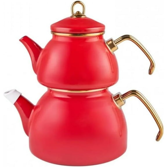 Karaca Retro Enamel Induction Turkish Teapot Set, Red, 1.1L Turkish Tea Pot & 2.3L Kettle, Dishwasher Safe Tea Set, Vibrant Color Lasting Enamel, All Stovetop Compatible, Samovar Style
