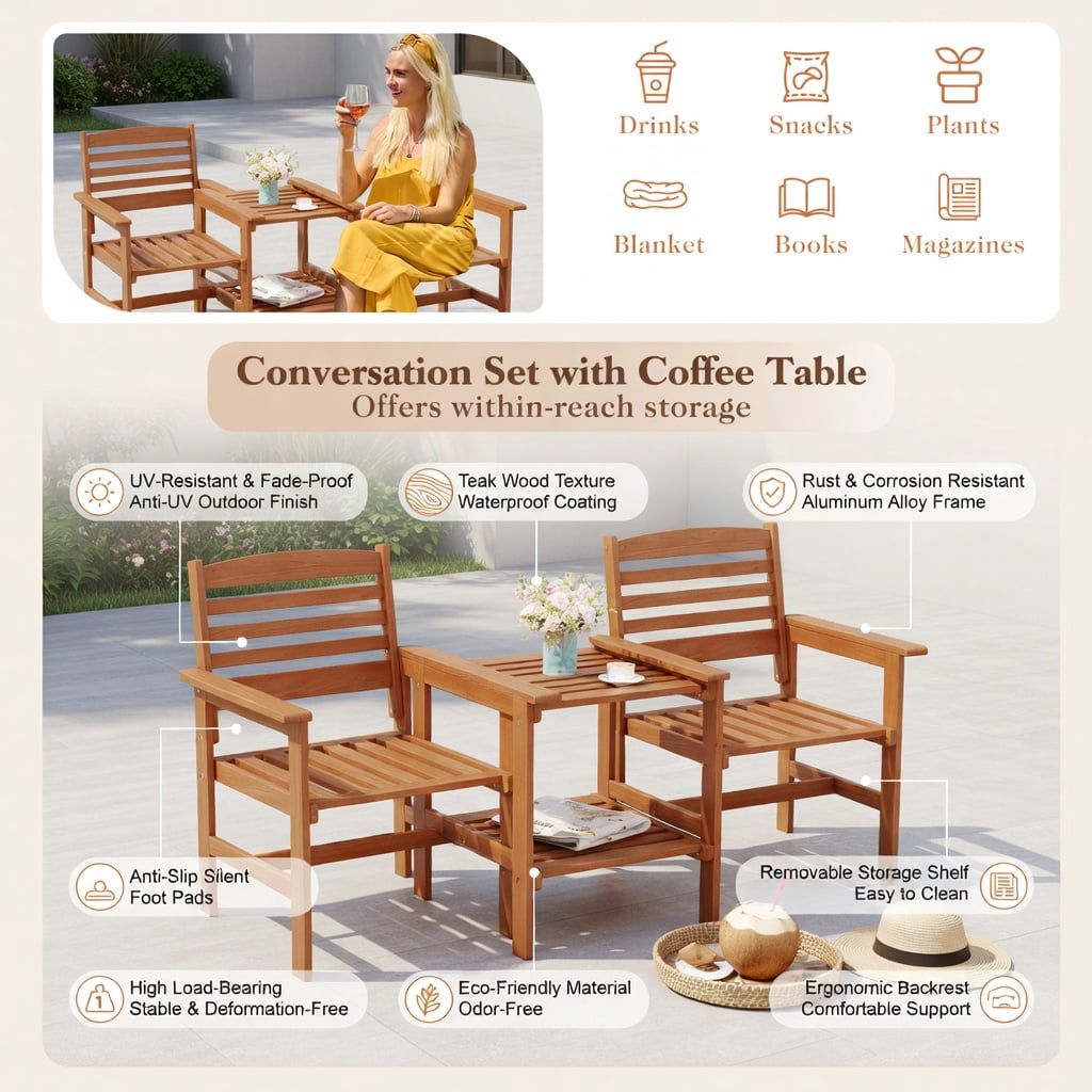 Hommoo Wood 2-Person Outdoor Patio Conversation Set with Coffee Table & Umbrella Hole, Rustic Backyard Seating for Deck, Poolside, or Garden, Natural