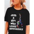 thumbnail image 1 of [Gymnastics Print T-Shirt] Girls' Summer Casual Round Neck T-Shirt with Gymnastics Print, Cotton Knit Fabric, Stretchy Short Sleeve Top with Letter Detail - Regular Fit, 1 of 6