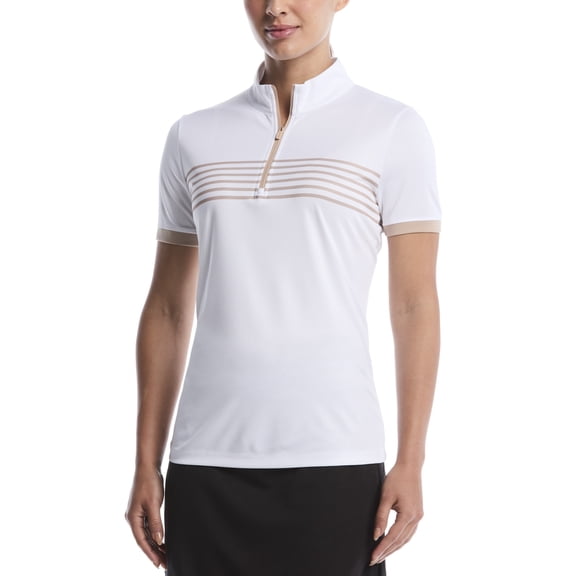 Ben Hogan Engineered Stripe Zip Mock Top Bright White Shirt Women M