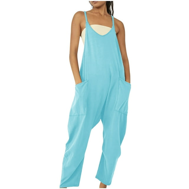 RKSTN Fashion Jumpsuits for Women Casual Cold Shoulder Solid Color Suspender Rompers Wide Leg Long Pants with Pockets