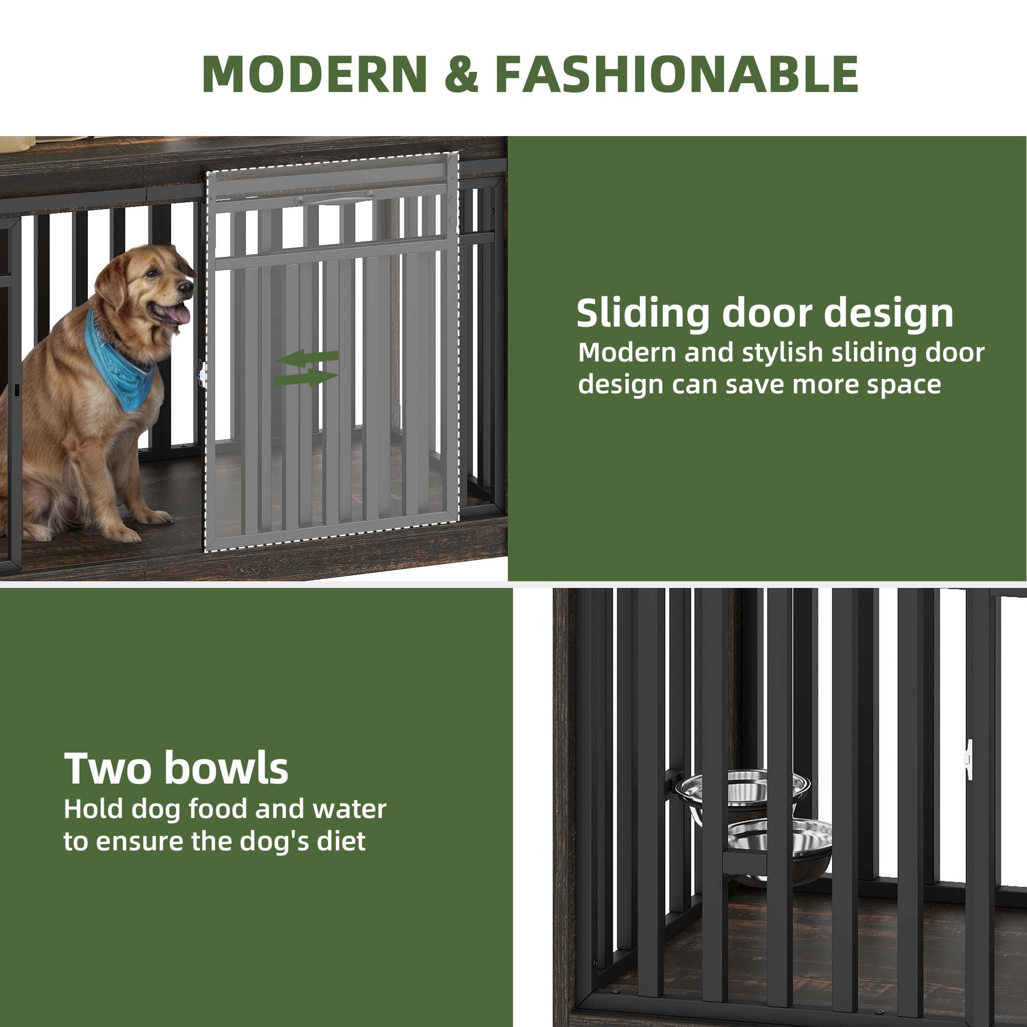 Uforic 55'' W Double Dog Crate Furniture With Sliding Barn Doors & Bowl,Indoor Furniture Style Wooden Large Dog Kennel