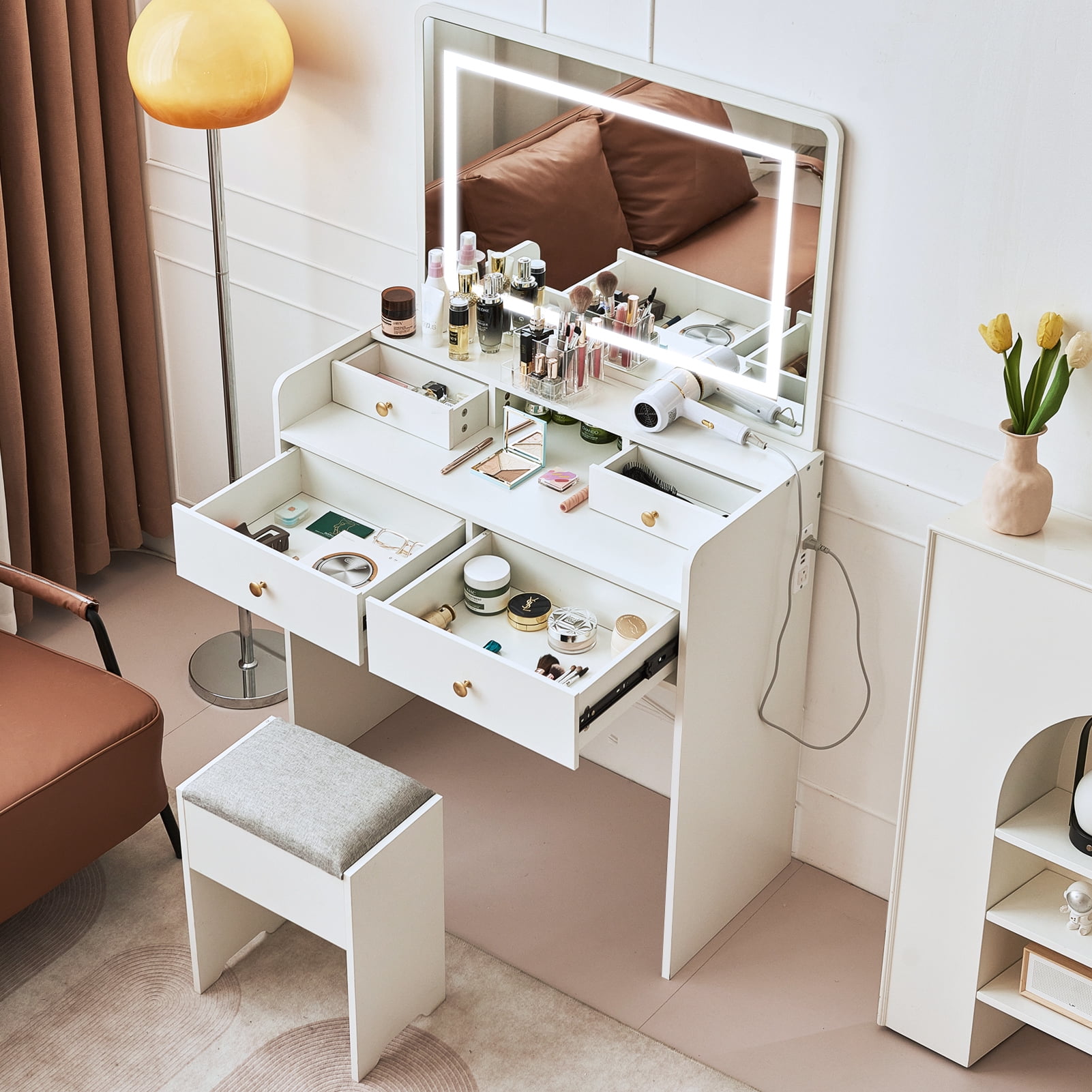 Vanity Desk with Mirror and Light, Vanity Dressing Table with Storage Bench, Charge Station, White