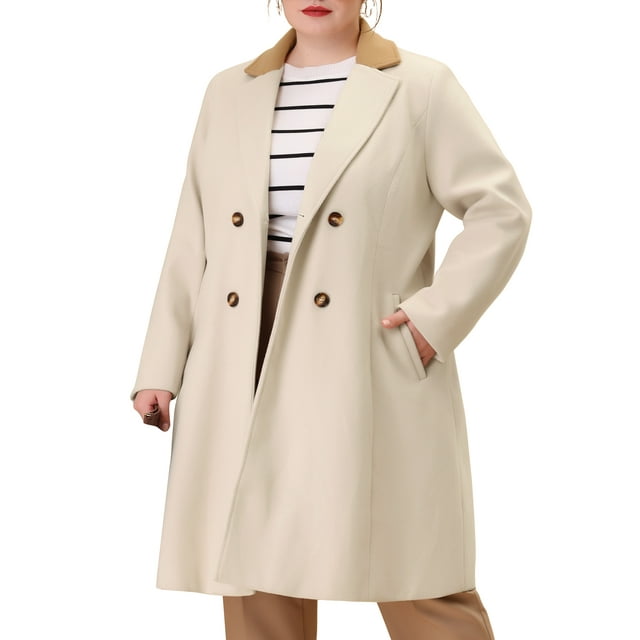 Abrigo de invierno de doble botonadura con solapa de muesca para mujeres de tallas grandes Agnes Orinda, con bolsillos, 2X color crema blanco