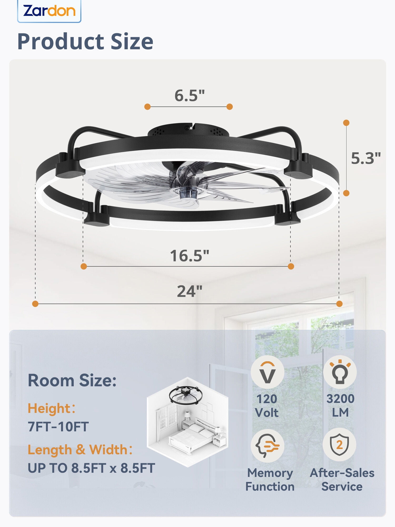 Zardon 24'' Ceiling Fans with Lights and Remote, Modern Flush Mount ,Dimmable LED Fan Light, for Bedroom, Black