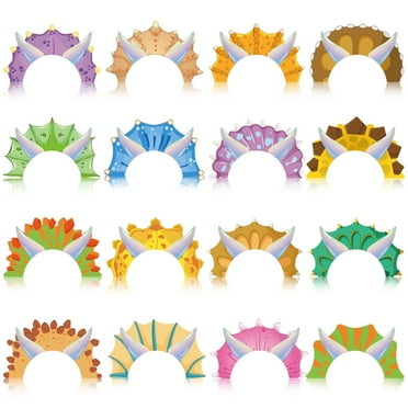 Dino Crown Party Hats - 32 Pcs Dinosaur Headband Tiara Set for Kids Birthday Party Supplies - Adjustable Paper Hats with Ropes - 16 Styles