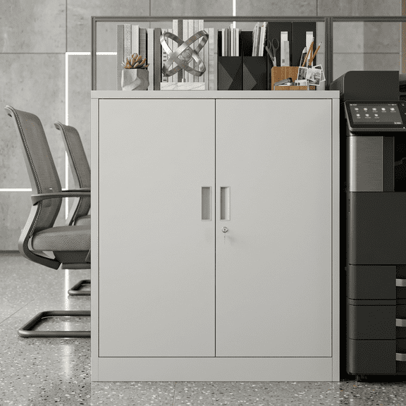 36" Metal Storage Cabinet with 2 Doors and Lock, Utility Steel Garage Cabinet with 2 Adjustable Shelves, White Low Storage Organizer for Home Office, Garage, Pantry, School, Tool Room