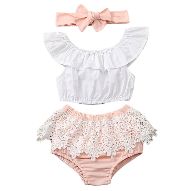 Jumpingount Ropa de bebé, conjunto de camiseta de manga corta para niña, pantalones cortos para niña, calzoncillos, diadema conjuntos de ropa Blanco 70cm