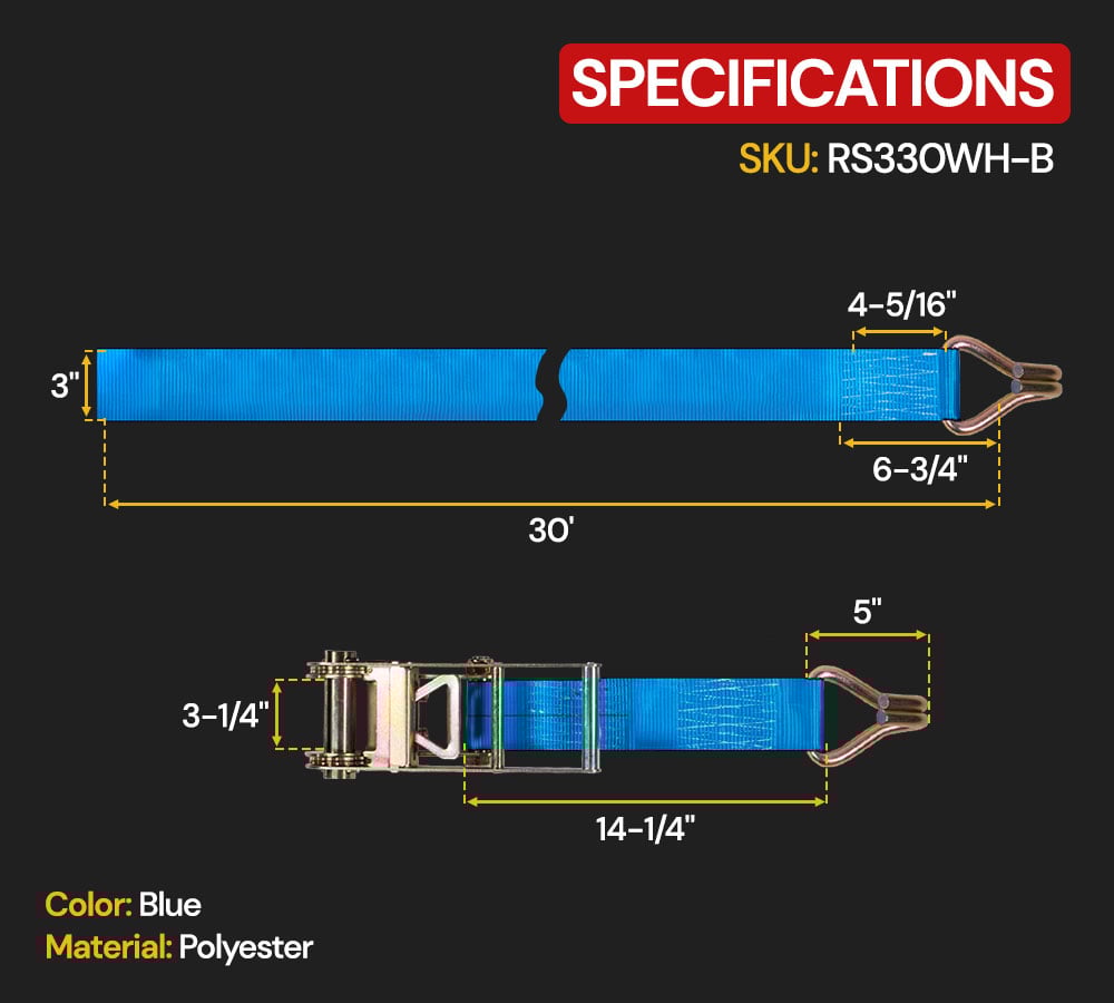 thumbnail image 2 of 4 Pack Ratchet Tie-Down Straps with Wire Hook, 3" x 30' Blue Ratchet Strap | 15,000 Lbs Breaking Strength | Heavy Duty Tie Down Ratchet Straps for Flatbed, Truck, Trailers Pickup, 2 of 9
